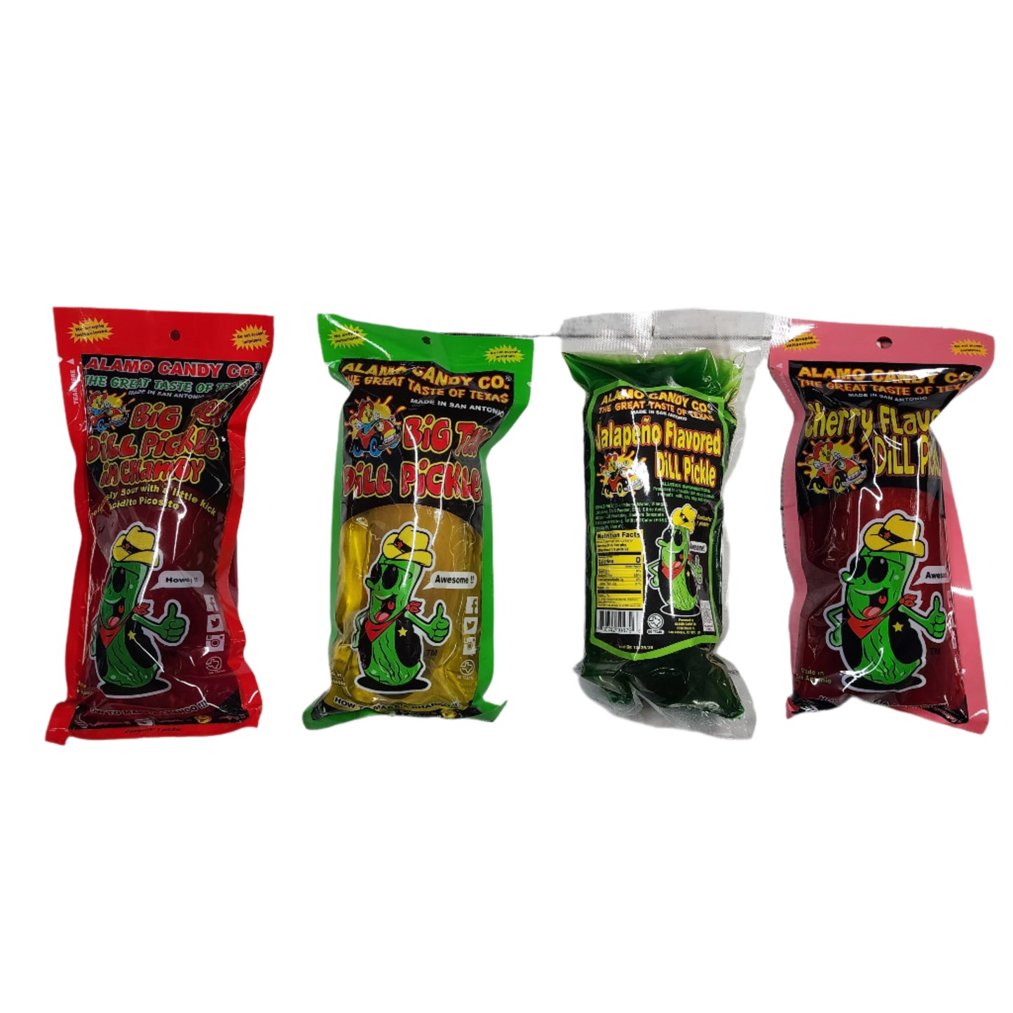 Alamo Candy Flavored Dill Pickles; Chamoy, Cherry, Jalapeno, Plain Dill